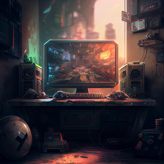 Gaming desktop PC computer setup gamer illustration