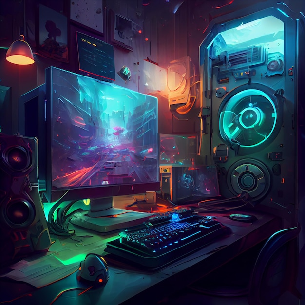 Gaming desktop PC computer setup gamer illustration