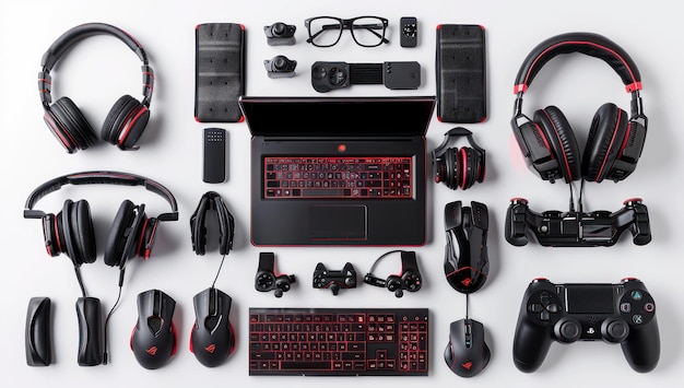 Photo gaming equipment layout with red accents