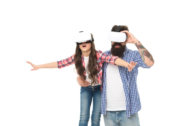 Gaming hobby Father and daughter in vr glasses Modern technology Digital innovation Dad and girl virtual reality Imagination and cyber space Future technologies Having fun Video games