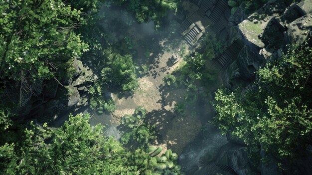 Photo gaming layout topdown aerial shot looking down at the outdoor isolated yard in the jungle