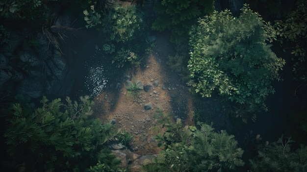 Photo gaming layout topdown aerial shot looking down at the outdoor isolated yard in the jungle