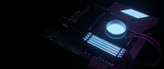 Gaming PC motherboard CPU and RAM with glowing RGB color