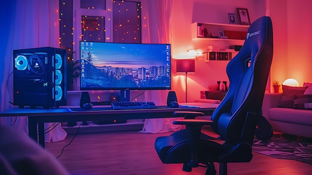 Gaming PC room with led lights in different colors