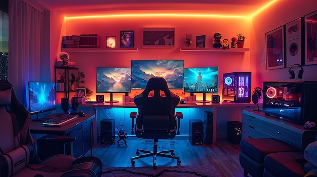 Gaming PC room with led lights in different colors