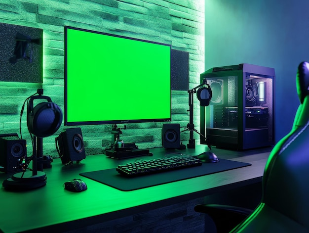 Photo gaming room mockup featuring a streaming setup green screen and highend microphone ar 43 style raw v