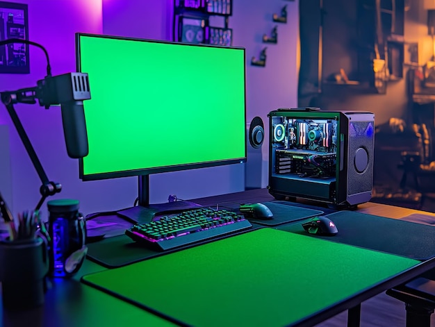 Photo gaming room mockup featuring a streaming setup green screen and highend microphone ar 43 style raw v