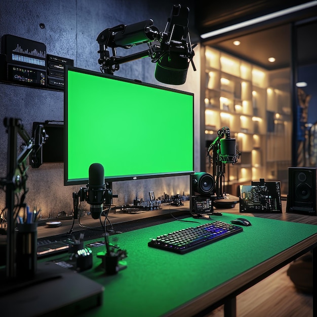 Photo gaming room mockup featuring a streaming setup green screen and highend microphone style raw v 61 jo