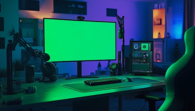 Photo gaming room mockup with streaming setup and green screen