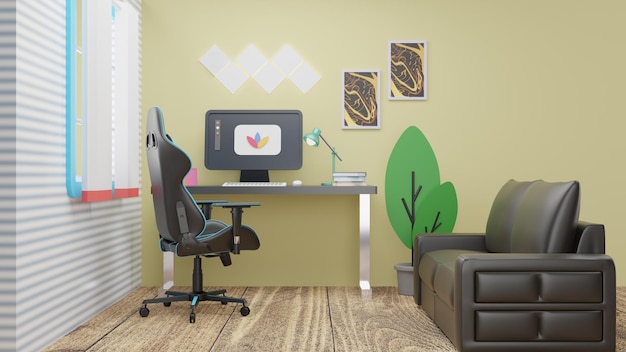 gaming room with 3d renders computer and chair hight quality background photo