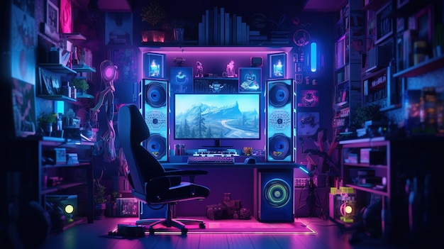 A gaming room with a computer and a keyboard