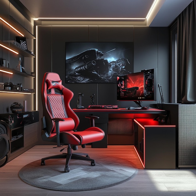 A gaming room with a highend gaming chair and desk setup