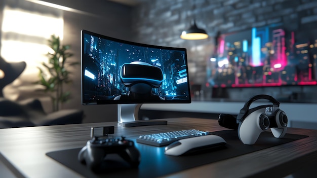 Photo a gaming setup with a monitor a vr headset a controller and speakers