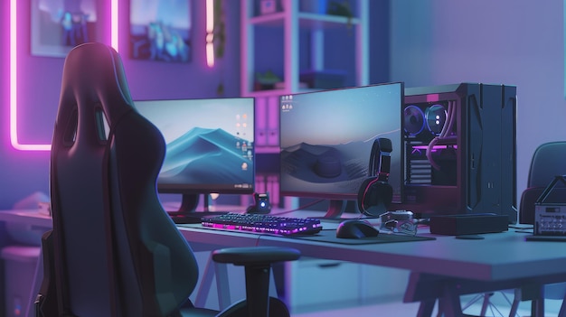 Photo gaming setup with neon lights