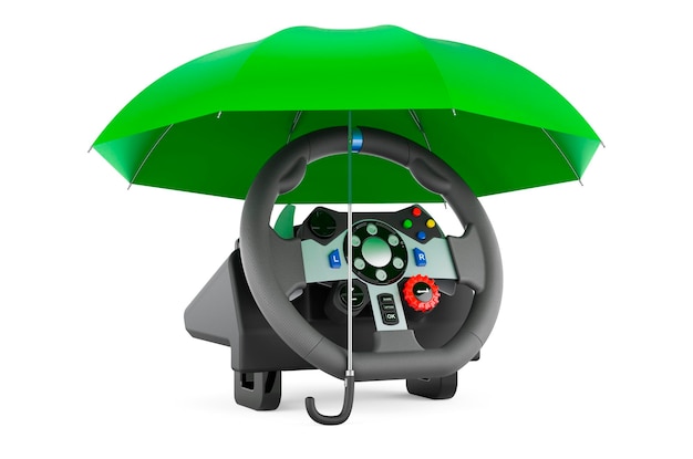 Gaming steering wheel under umbrella 3D rendering