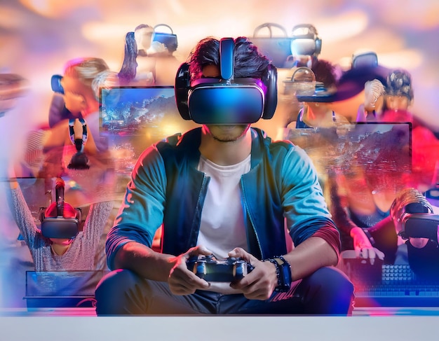 Photo gaming and virtual worlds featuring elements like game controllers virtual reality headsets and digital avatars symbolizing entertainment technology and immersion