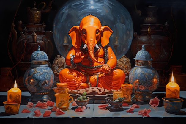 Ganesh lord in India sitting among oil lamps candles