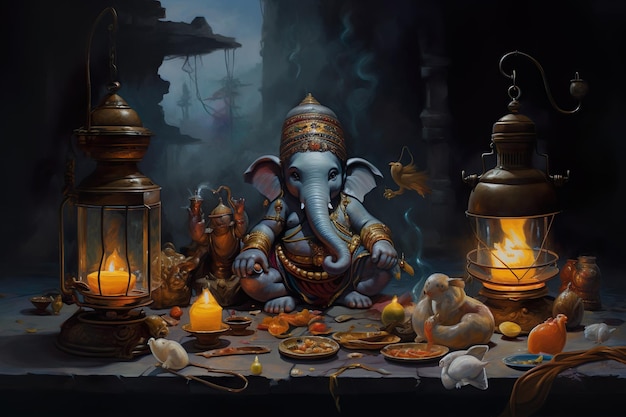 Ganesha lord in India sitting among oil lamps candles