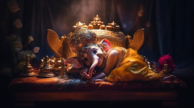 Ganesha snoozes on the mattress GENERATE AI