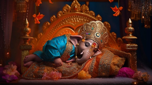 Ganesha snoozes on the mattress GENERATE AI