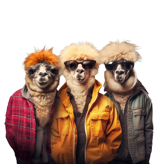 Gang of cool anthropomorphic alpacas teenage friends Generative ai