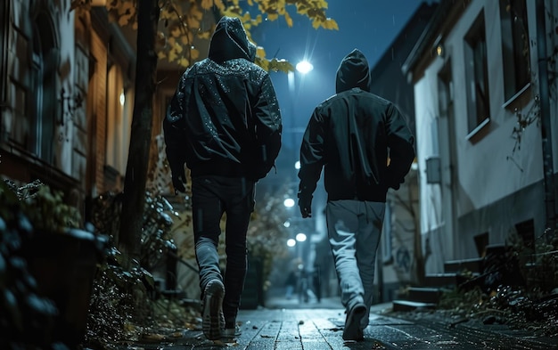 A gang of criminals in black clothes walks along a night street