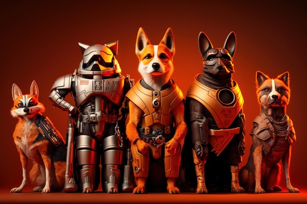 Gang of dog as superheroes with cape on orange background Created Generative Ai