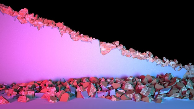 Gap in a brick wall covered with plaster diagonally in neon lighting, 3d illustration