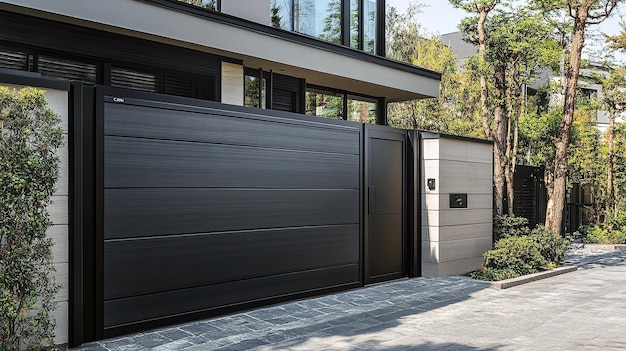 a garage door is open to the backyard