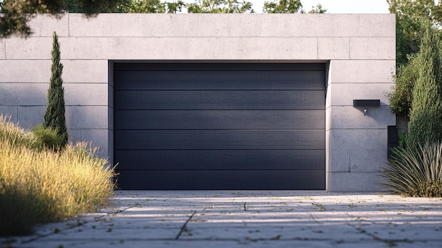 Photo a garage door is open to a driveway and the grass is being cut off