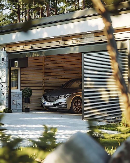 a garage door with a car parked in front of it