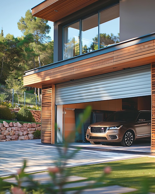 a garage door with a car parked in front of it