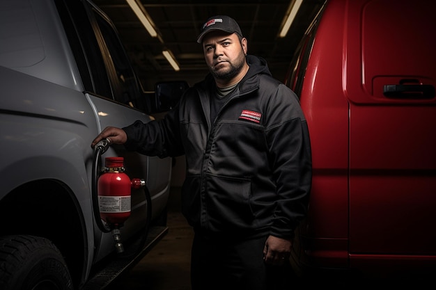 Garage employee cleans car fuel tank