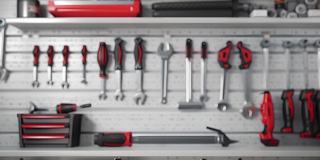 Photo garage showcasing hyperrealistic tools in a meticulously organized display concept garage organization tool collection hyperrealism meticulous display