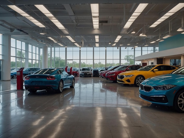 a garage with many cars in it and one has a blue hood