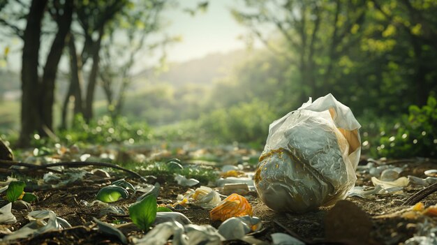 Garbage bag on a background of green grass Environmental pollution problems