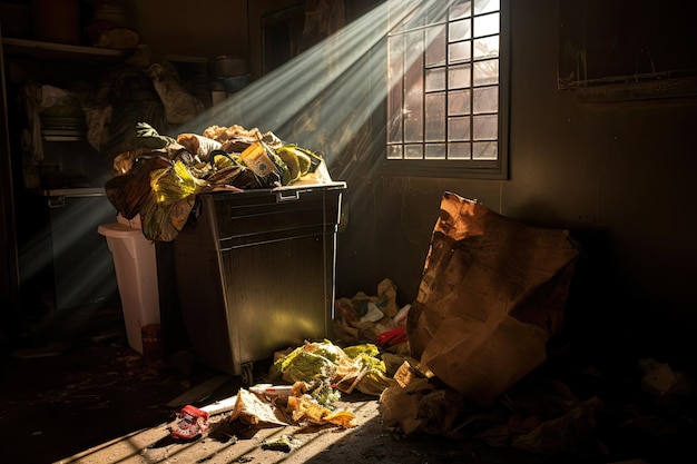 garbage bin in an abandoned house at night with rays of light A powerful image capturing the scene of a foodwasting dumpster where trash and debris clings to the walls and floors AI Generated