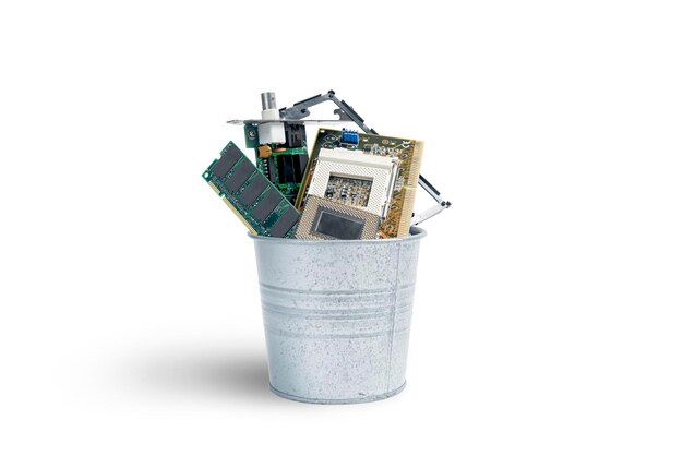 Garbage bin with discarded stuff isolated over white background