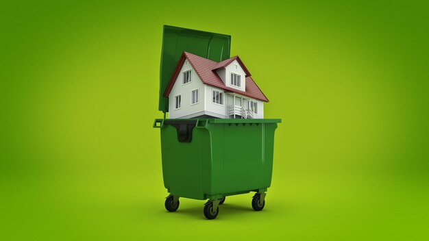 Garbage containers with home 3d rendering