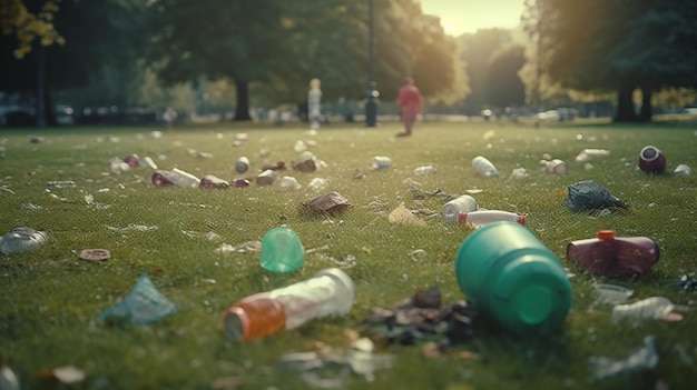 Garbage on green grass in the park Generative Ai