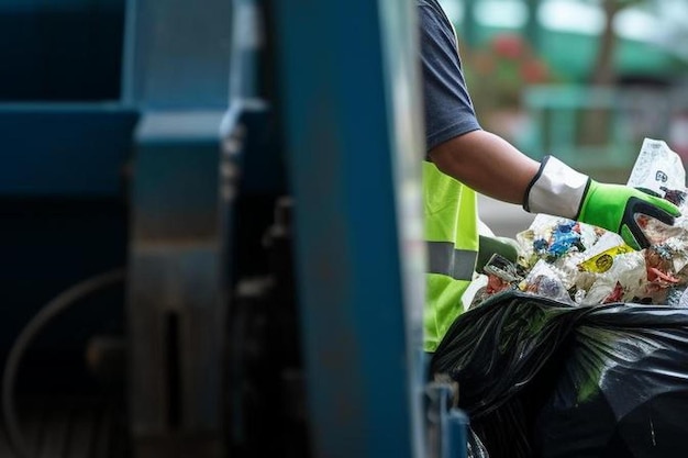 Photo garbage men working together on emptying dustbins for trash removal with truck loading waste and