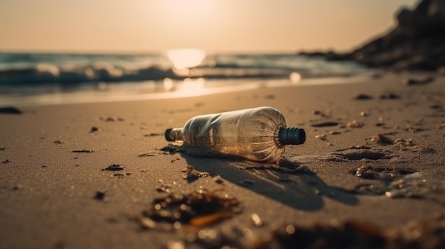 Garbage in the sea with plastic bottle on beach sandy dirty sea on the island