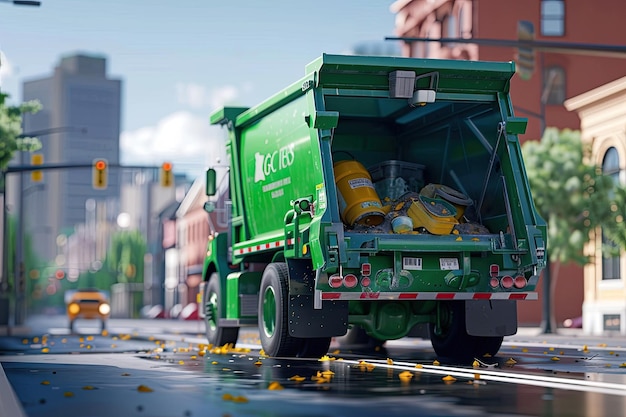 Photo garbage truck collecting garbage cans