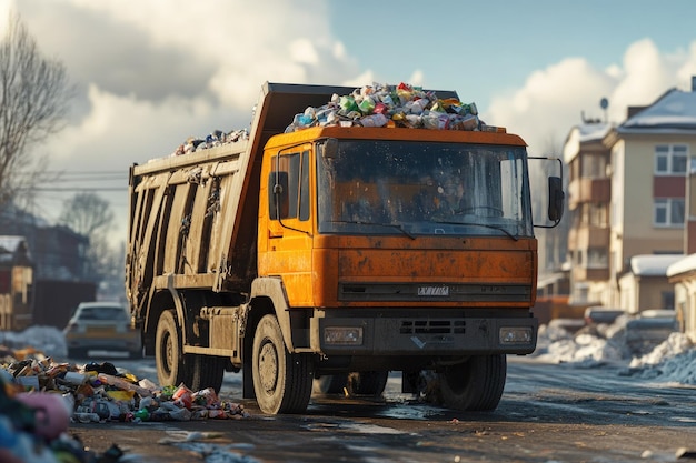 Photo garbage truck is carrying waste into a garbage truck travel to collect garbage in the village