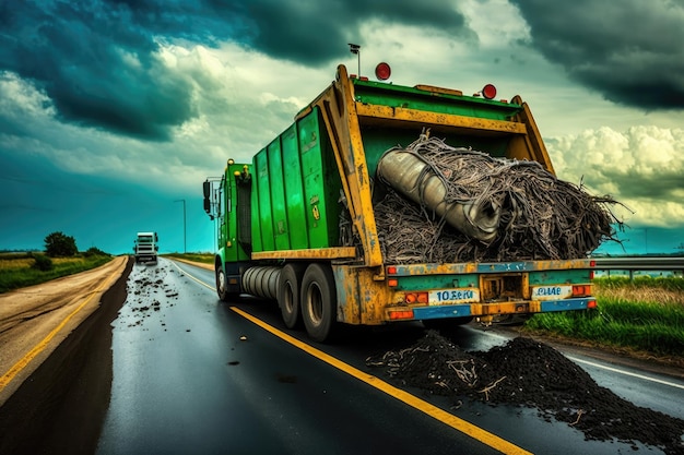 Garbage truck with long collecting pipe overflowing garbage on highway