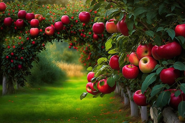 Garden apple trees with juicy red apples that are ready for picking