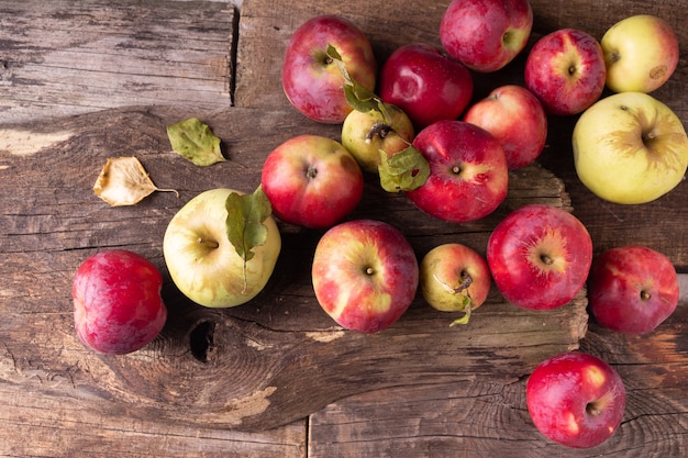 Garden apples on wooden boards autumn harvest