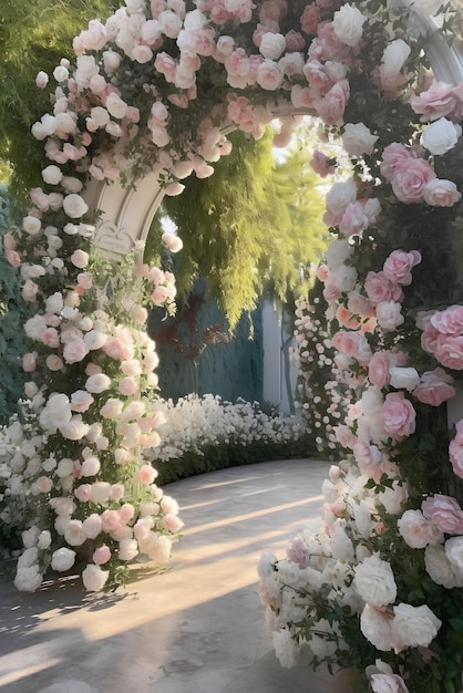 A garden arch with flowers and a white arch with the word love on it.