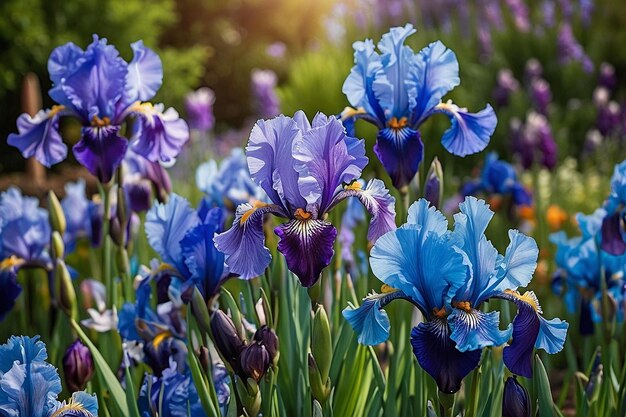 A garden of blooming irises in vibrant shades of blue