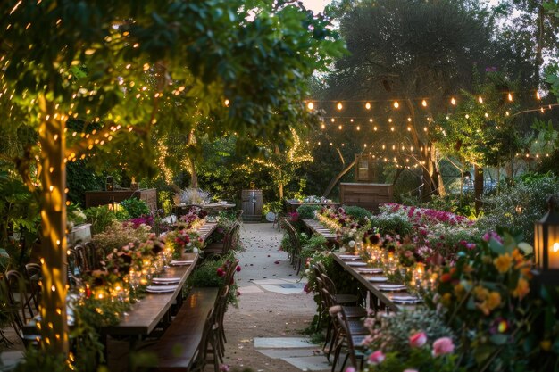 Photo a garden dining area with tables and chairs set up for outdoor dining a serene garden setting with lush floral arrangements and twinkling lights